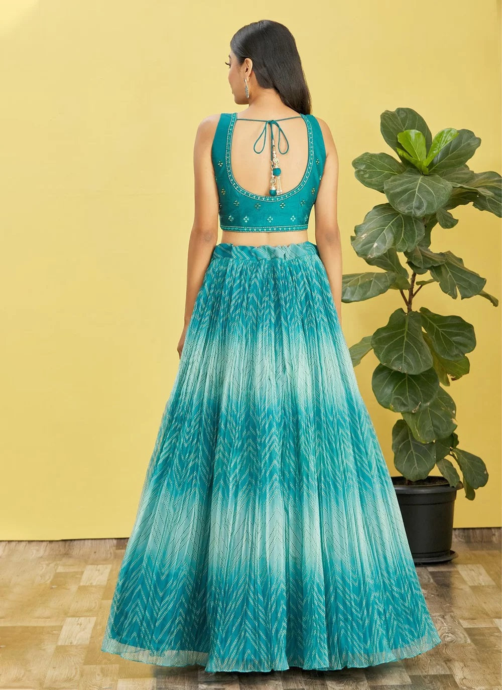 Real mirror work party wear blue lehenga in organza