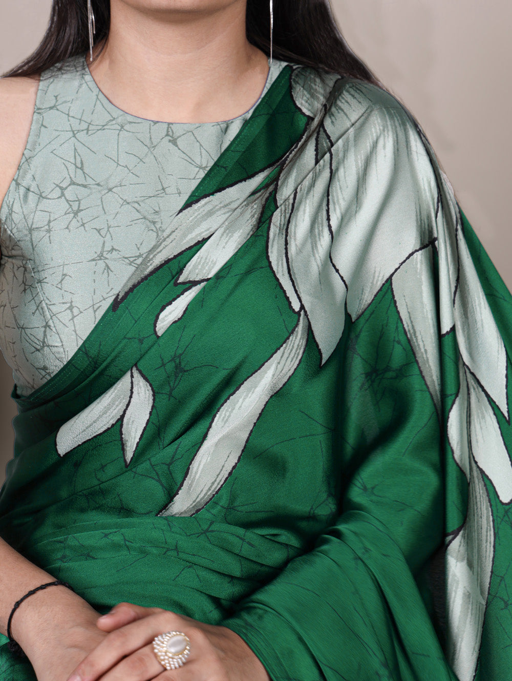 Green satin silk saree with floral print light green blouse