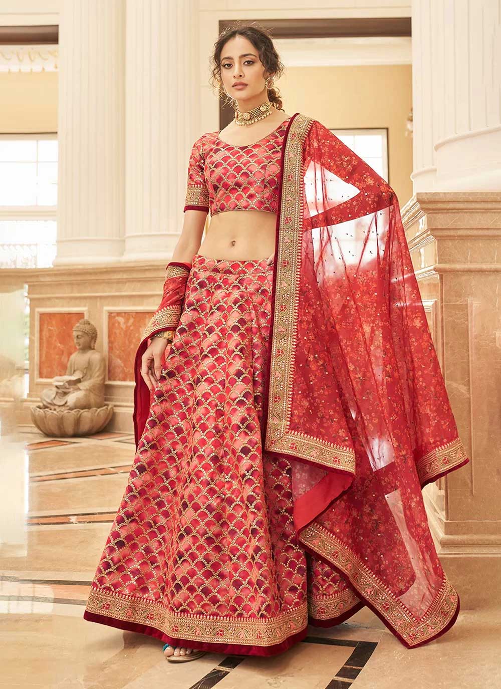 Red art silk thread and zari embroidered lehenga choli