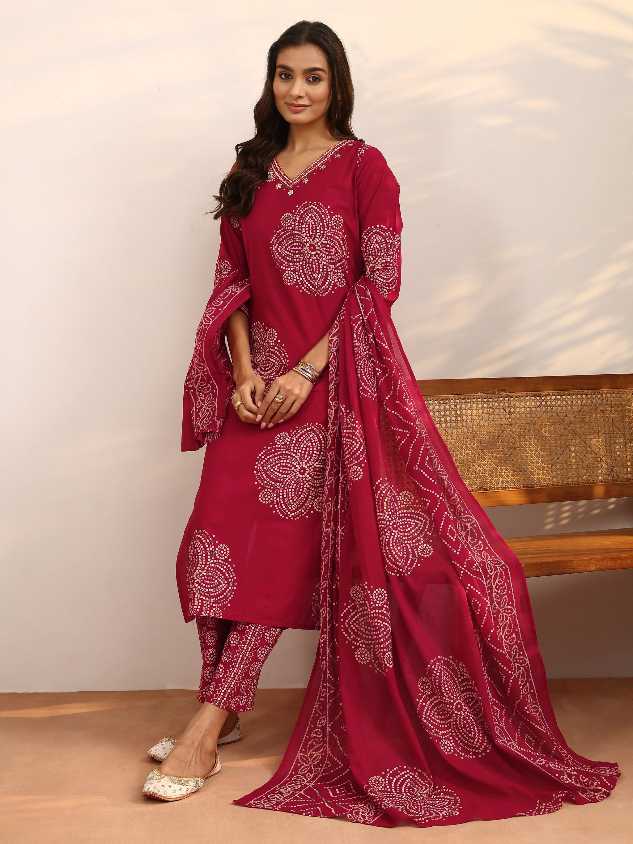Libas Red Bandhani Printed Cotton Suit Set With Dupatta