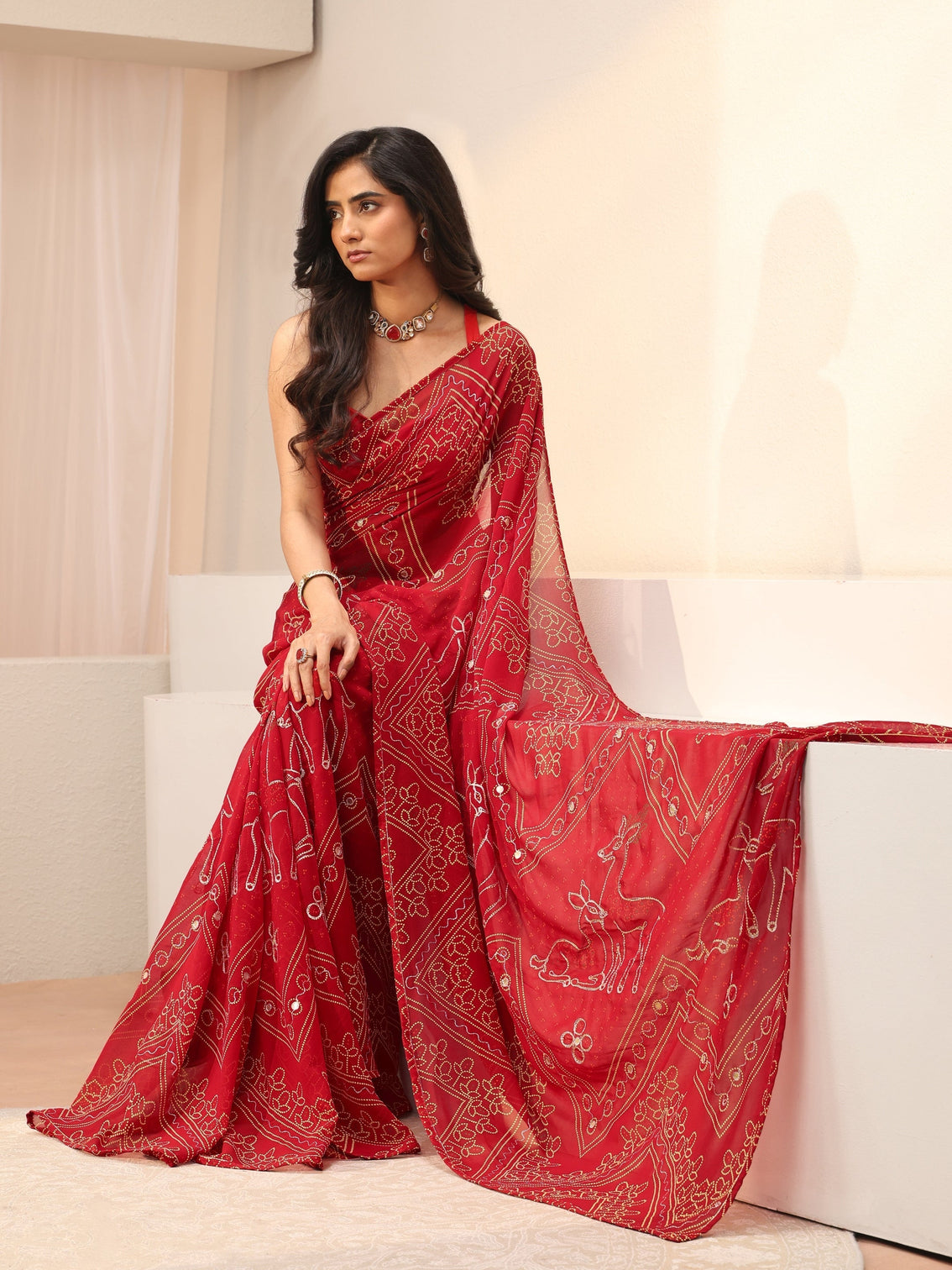Mameraa Red Bandhani Printed Georgette Saree
