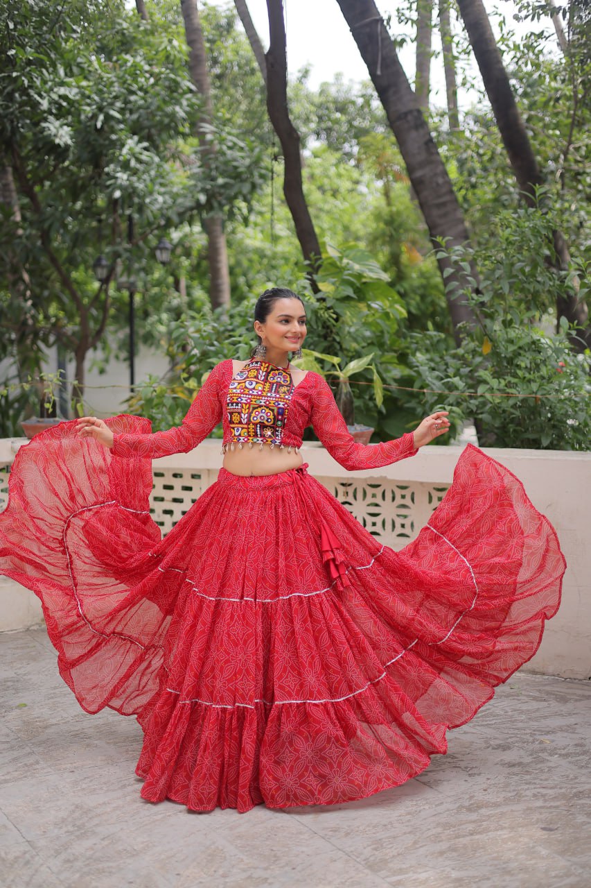 Red Bandhej Print Faux Georgette Lehenga Choli Set with Gotta Patti & Gamthi Embroidery – Stitched