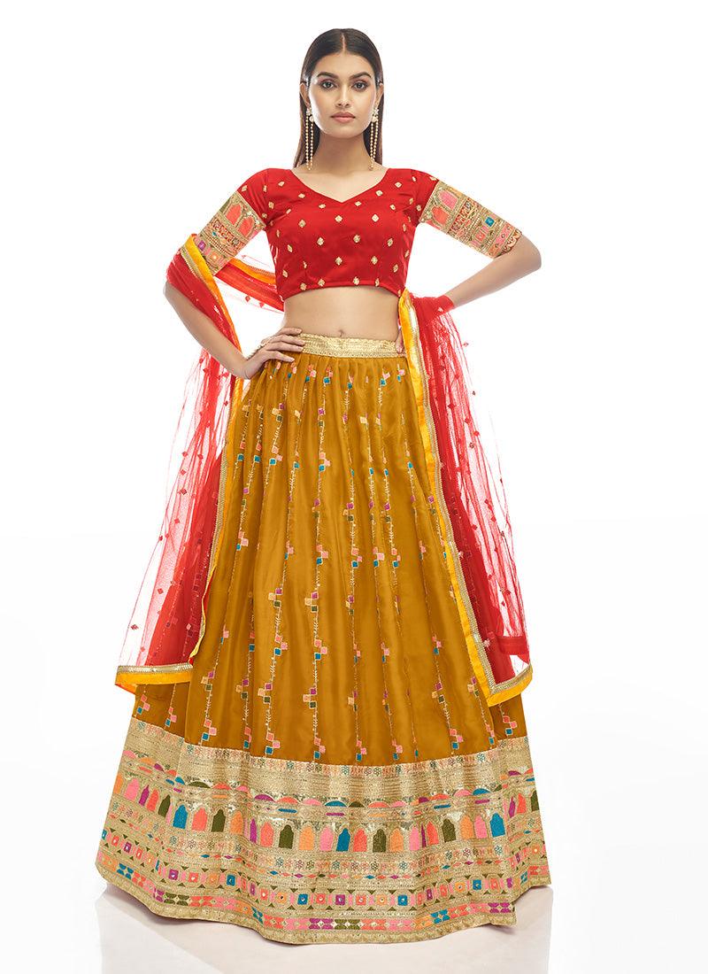 Red Blouse And Yellow Lehenga With Dupatta