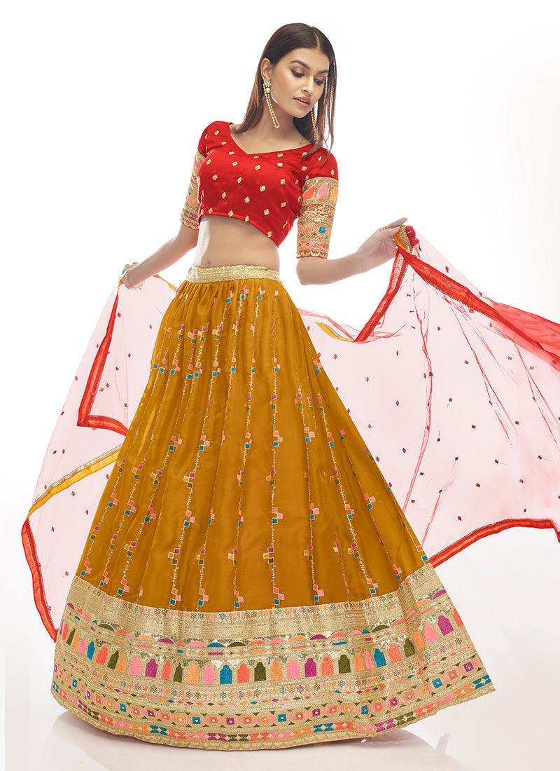 Red Blouse And Yellow Lehenga With Dupatta