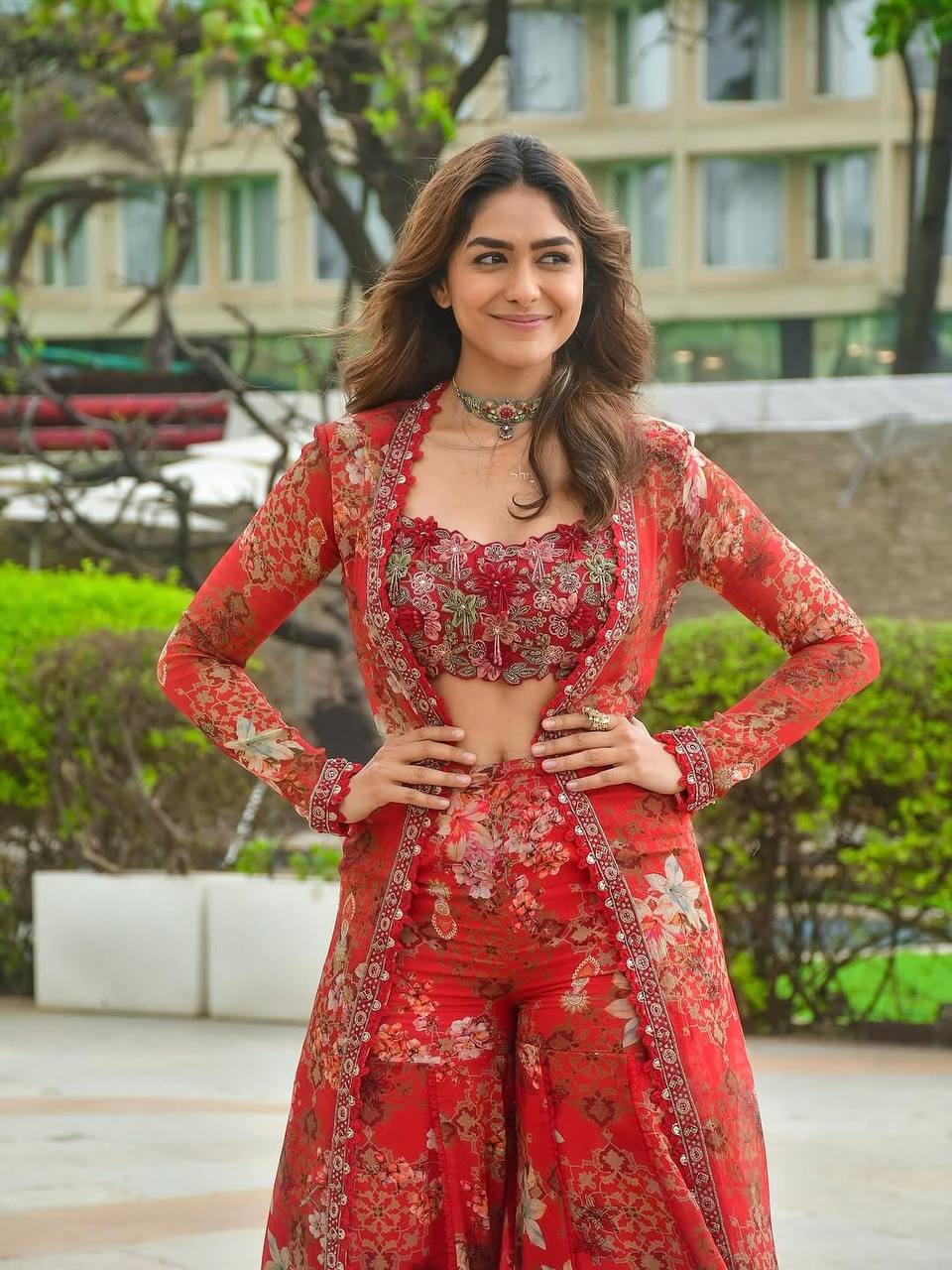 Red Bollywood Style Indo-Western Koti, Plazzo & Blouse Set with Floral Digital Print & 5MM Sequins Work