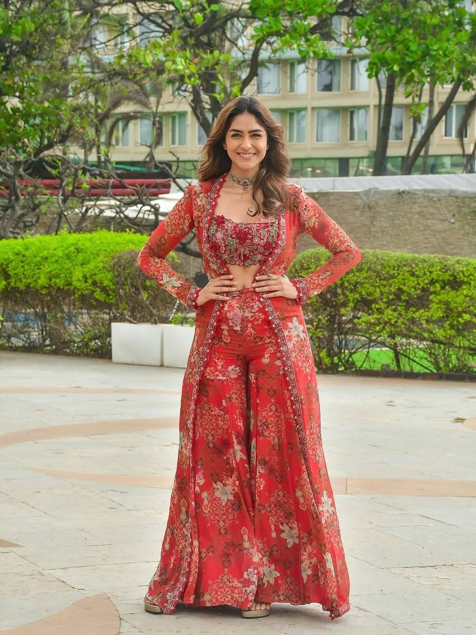 Red Bollywood Style Indo-Western Koti, Plazzo & Blouse Set with Floral Digital Print & 5MM Sequins Work