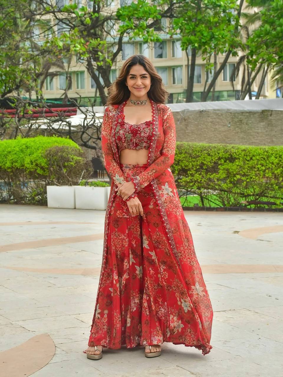 Red Bollywood Style Indo-Western Koti, Plazzo & Blouse Set with Floral Digital Print & 5MM Sequins Work