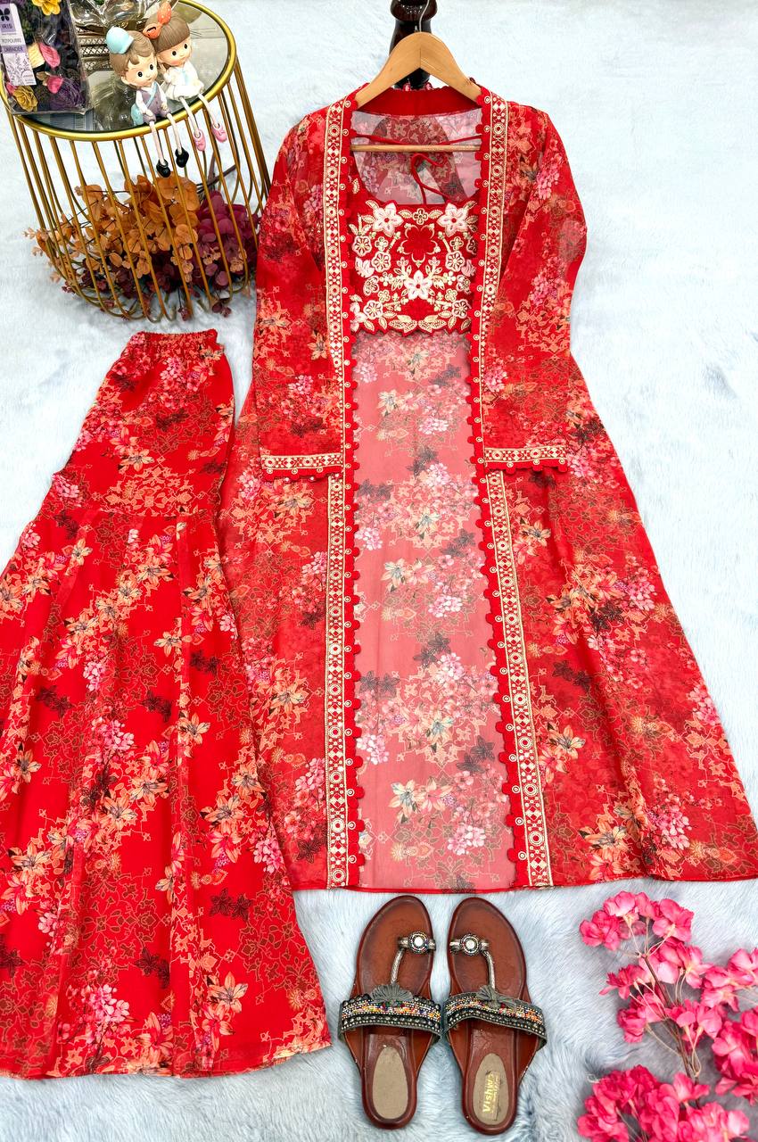 Red Bollywood Style Indo-Western Koti, Plazzo & Blouse Set with Floral Digital Print & 5MM Sequins Work
