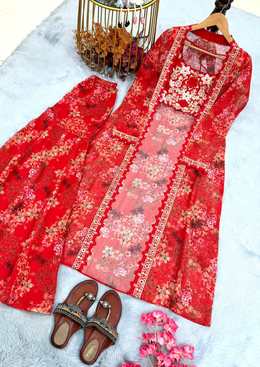 Red Bollywood Style Indo-Western Koti, Plazzo & Blouse Set with Floral Digital Print & 5MM Sequins Work