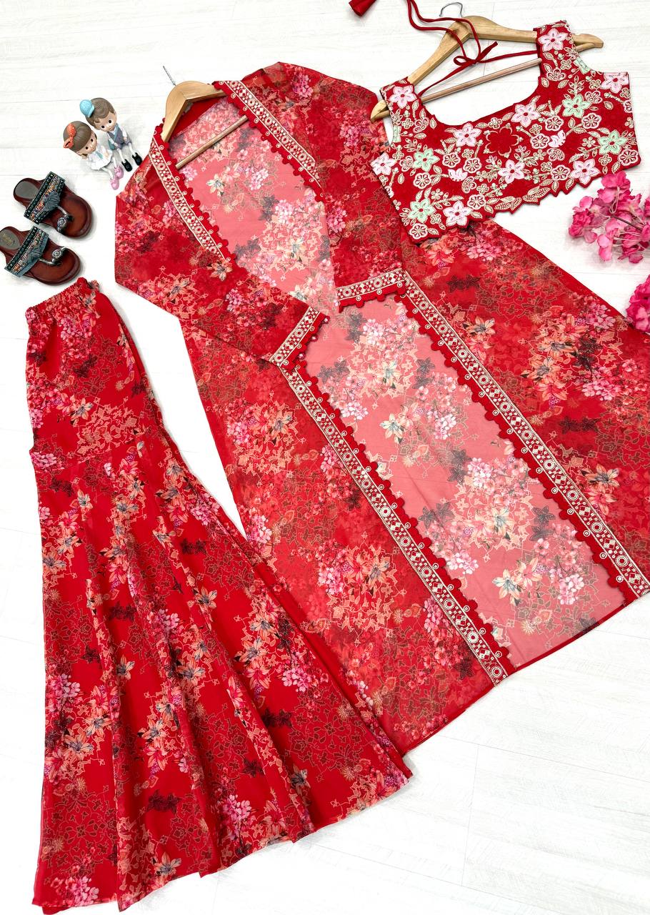 Red Bollywood Style Indo-Western Koti, Plazzo & Blouse Set with Floral Digital Print & 5MM Sequins Work