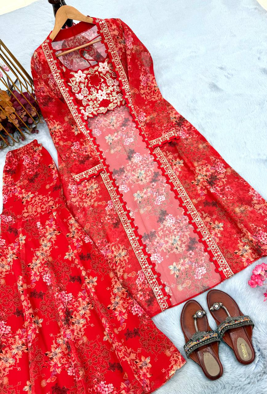 Red Bollywood Style Indo-Western Koti, Plazzo & Blouse Set with Floral Digital Print & 5MM Sequins Work
