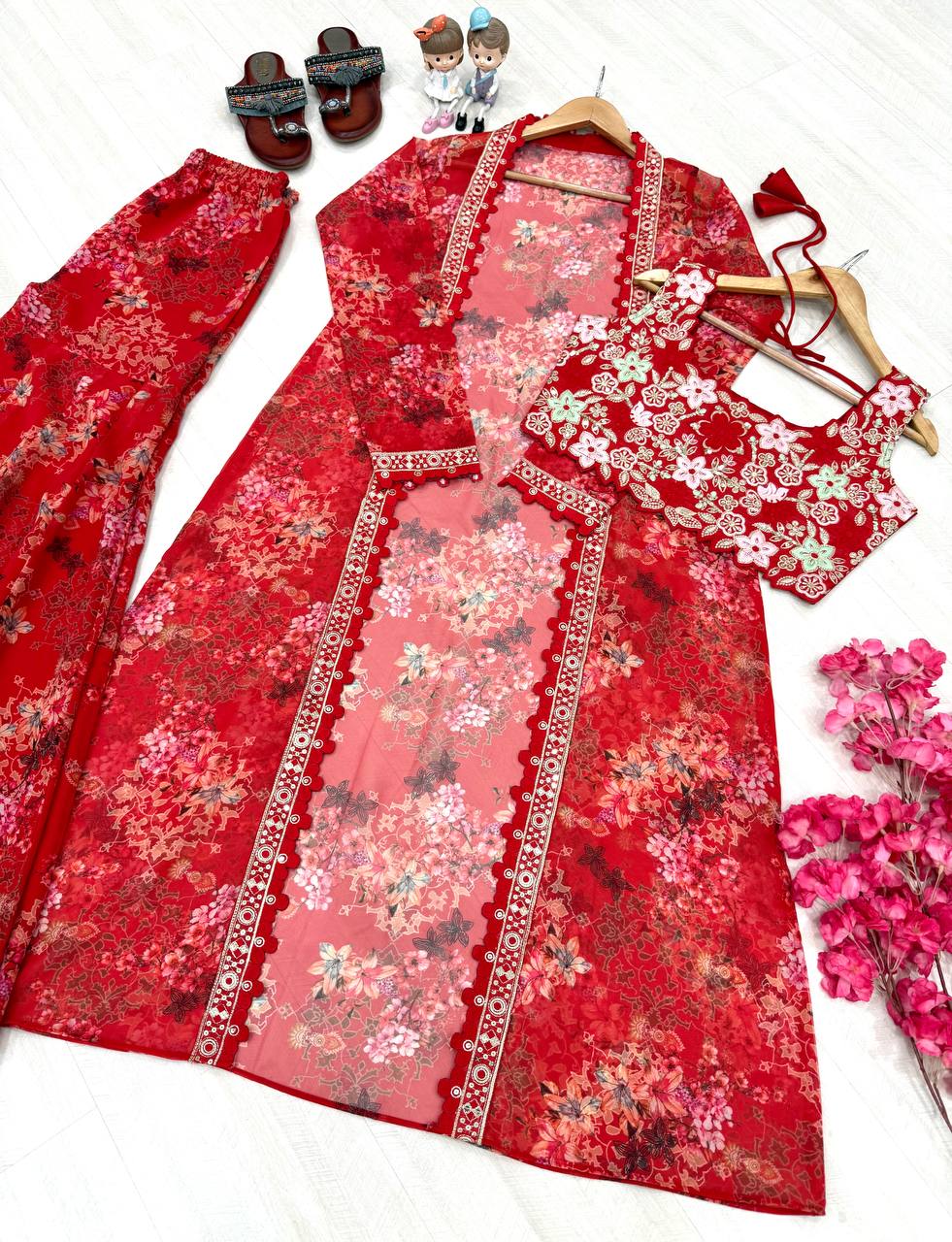 Red Bollywood Style Indo-Western Koti, Plazzo & Blouse Set with Floral Digital Print & 5MM Sequins Work