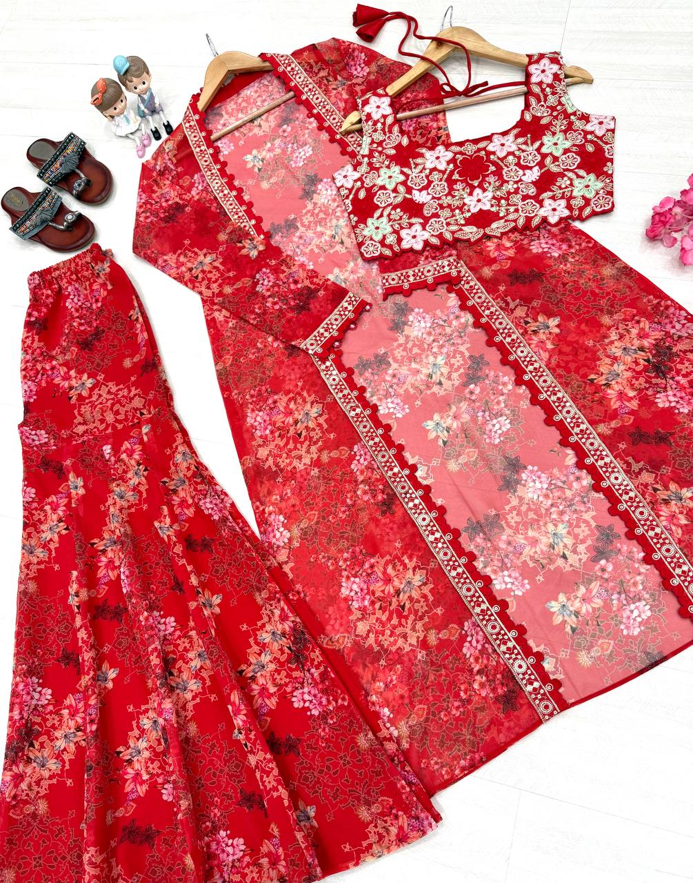 Red Bollywood Style Indo-Western Koti, Plazzo & Blouse Set with Floral Digital Print & 5MM Sequins Work