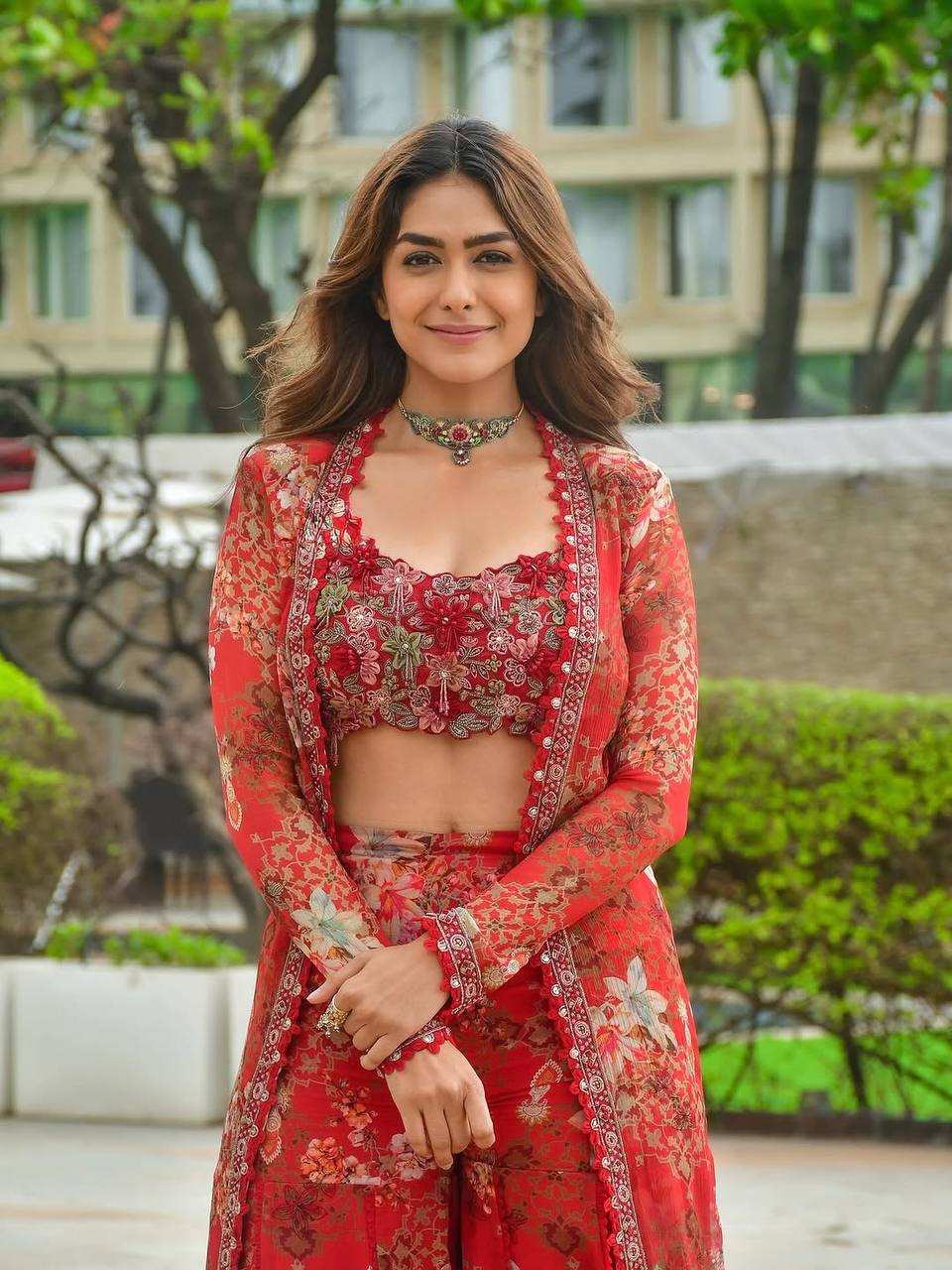 Red Bollywood Style Indo-Western Koti, Plazzo & Blouse Set with Floral Digital Print & 5MM Sequins Work