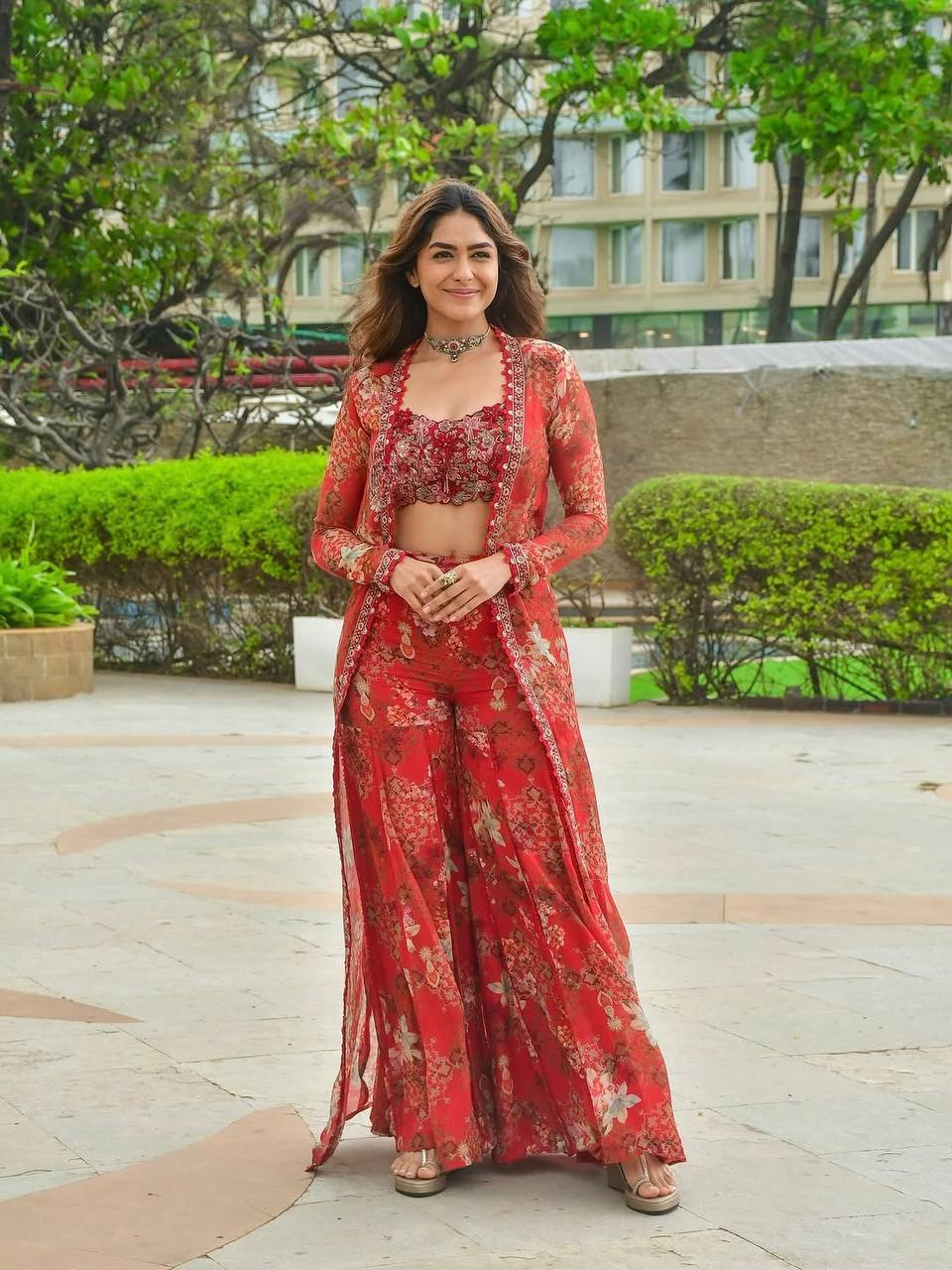 Red Bollywood Style Indo-Western Koti, Plazzo & Blouse Set with Floral Digital Print & 5MM Sequins Work