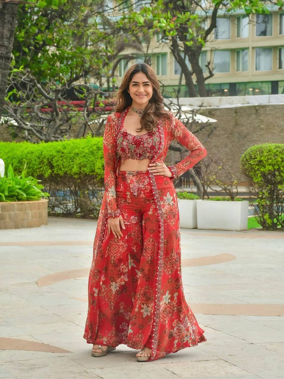 Red Bollywood Style Indo-Western Koti, Plazzo & Blouse Set with Floral Digital Print & 5MM Sequins Work