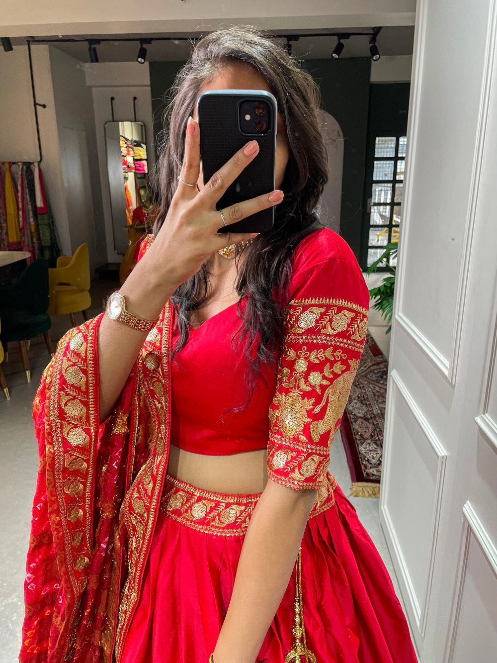 Red Color Sequins And Thread Embroidery Work Malai Satin Bridal Lehenga Choli Set