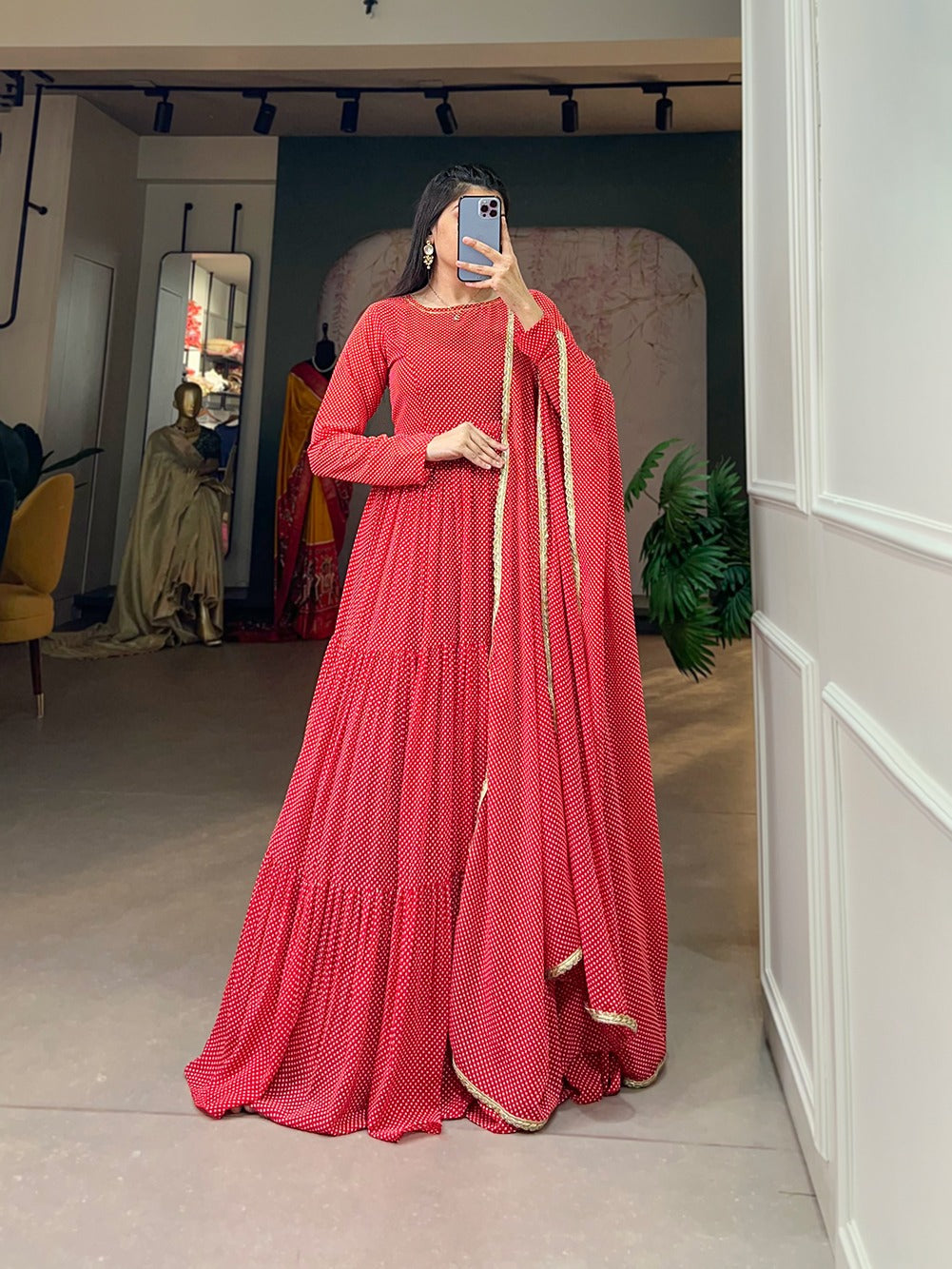 Red Butterfly Bliss Printed Georgette Gown with Shimmering Dupatta - Ready to Wear