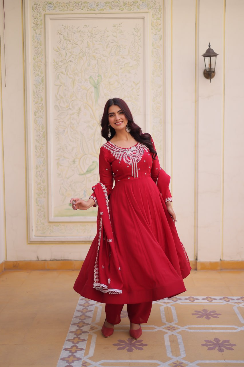 Red Chanderi Anarkali Gown With Dupatta