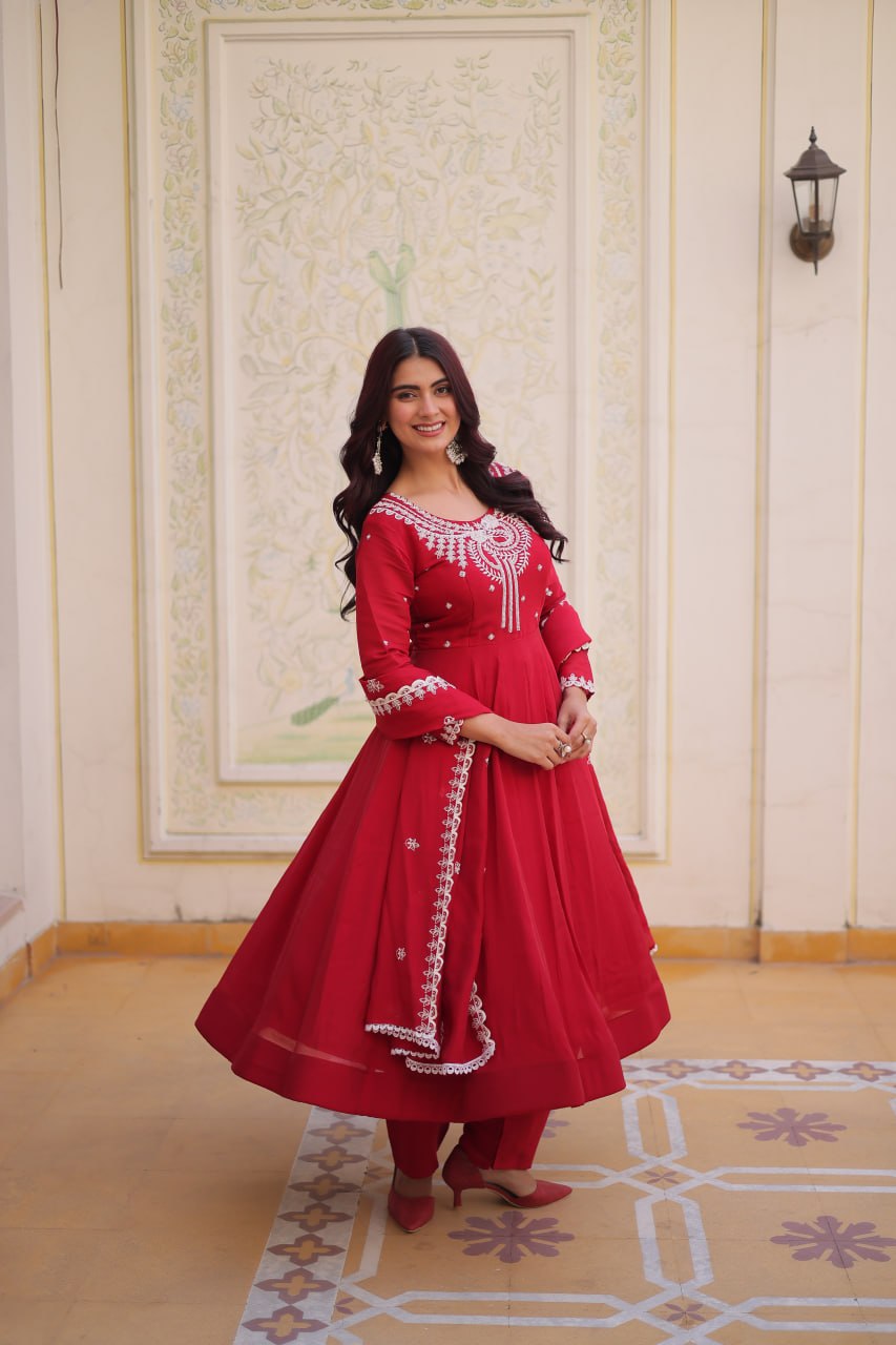 Red Chanderi Anarkali Gown With Dupatta