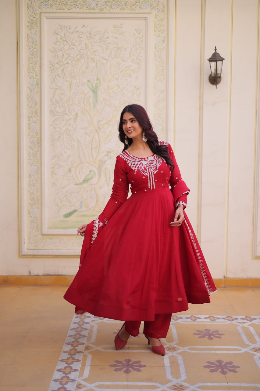 Red Chanderi Anarkali Gown With Dupatta