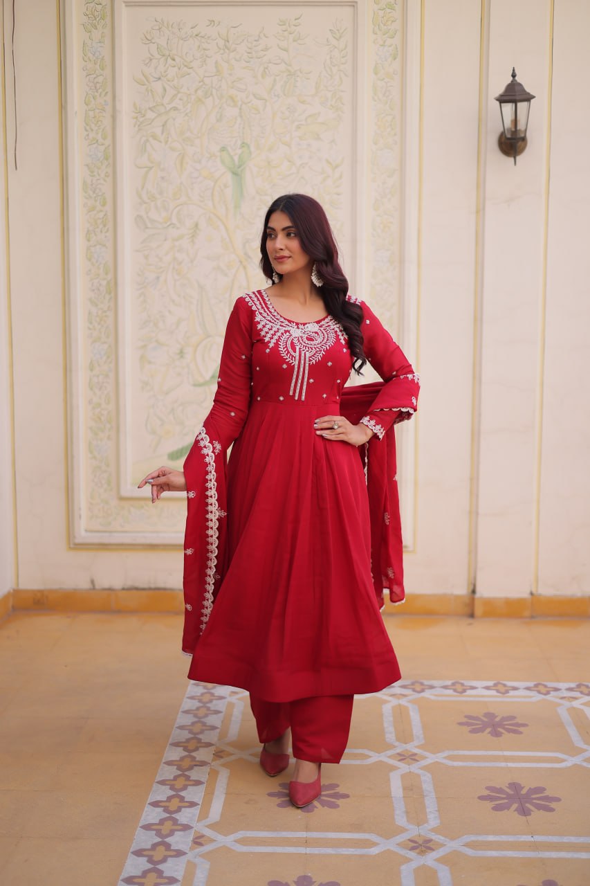 Red Chanderi Anarkali Gown With Dupatta