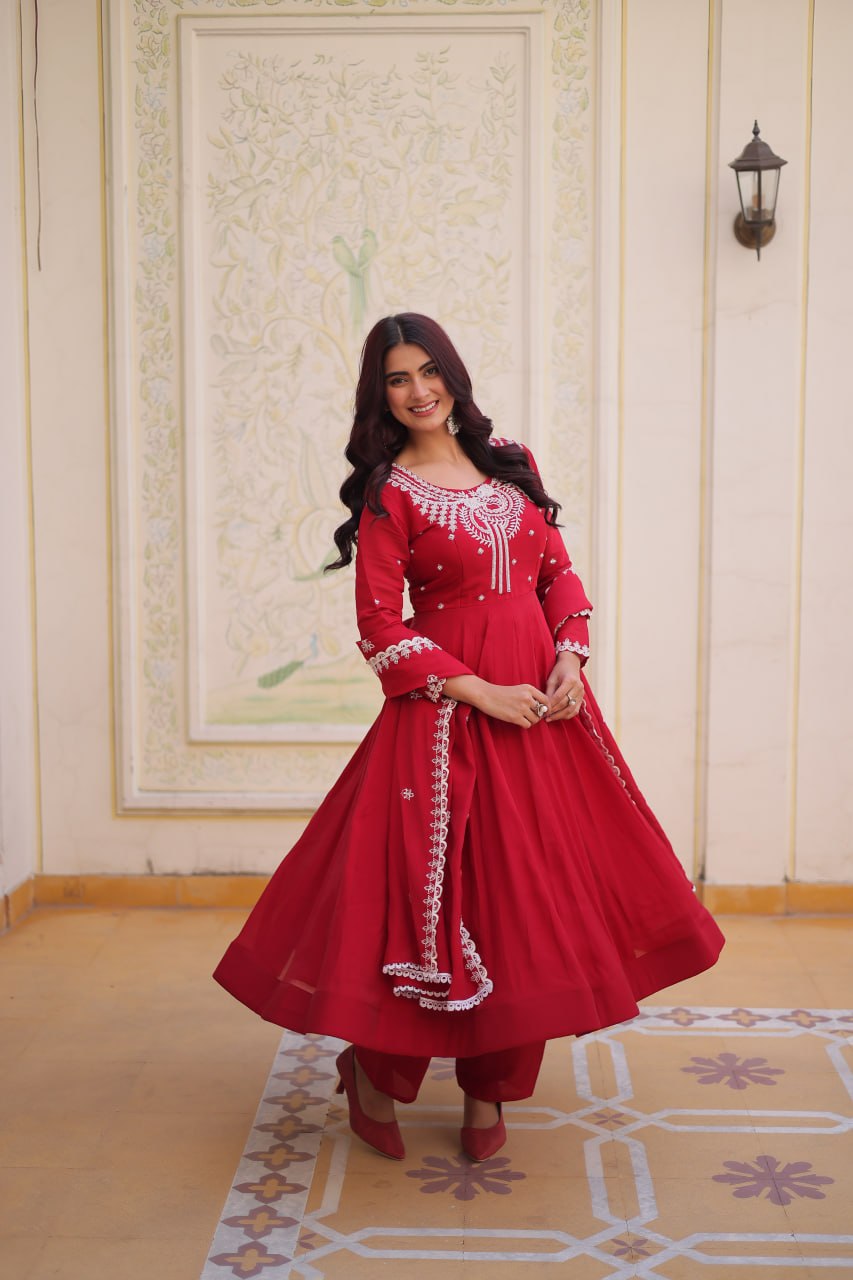 Red Chanderi Anarkali Gown With Dupatta