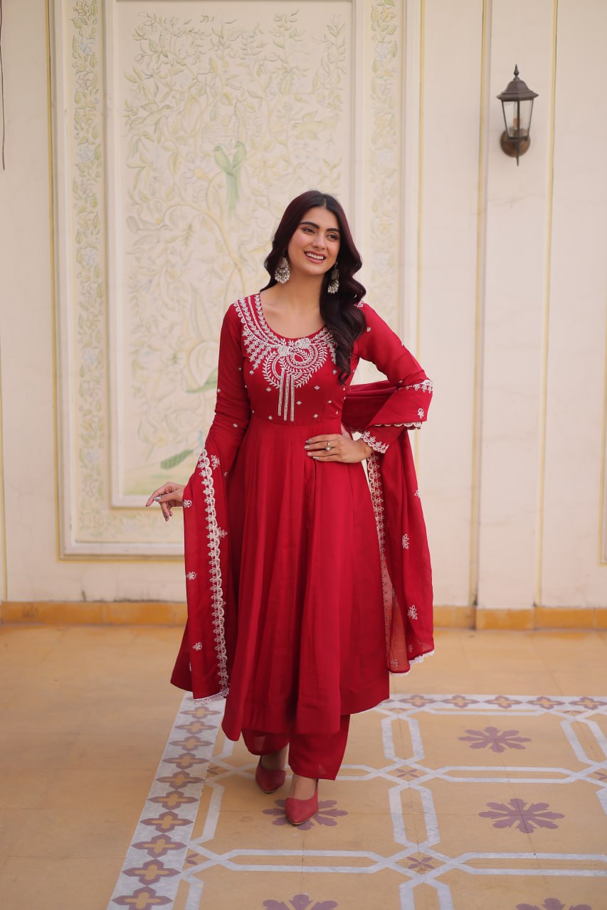 Red Chanderi Anarkali Gown With Dupatta