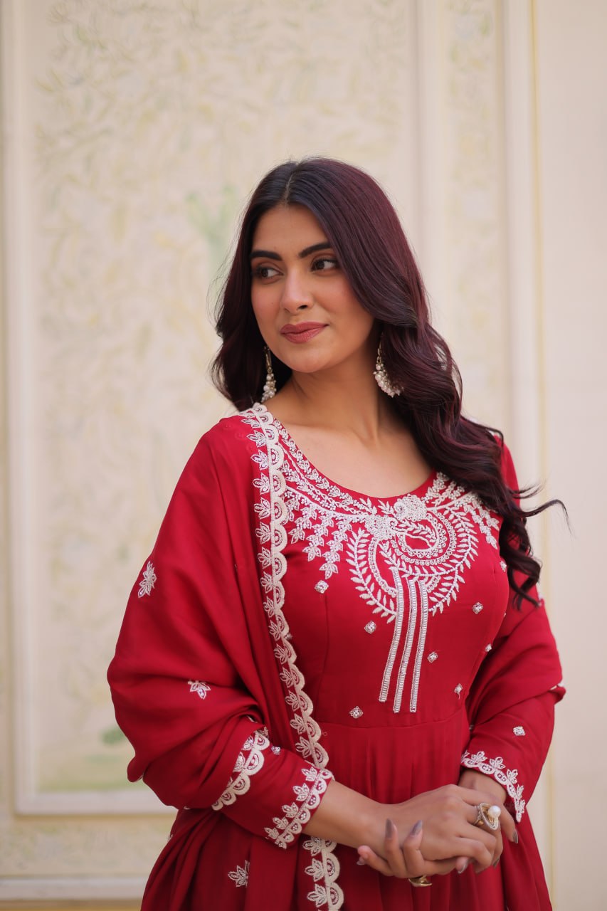 Red Chanderi Anarkali Gown With Dupatta