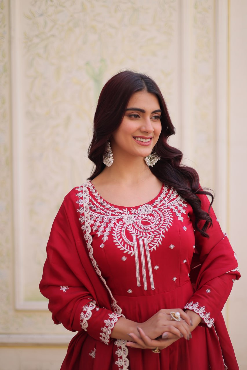 Red Chanderi Anarkali Gown With Dupatta