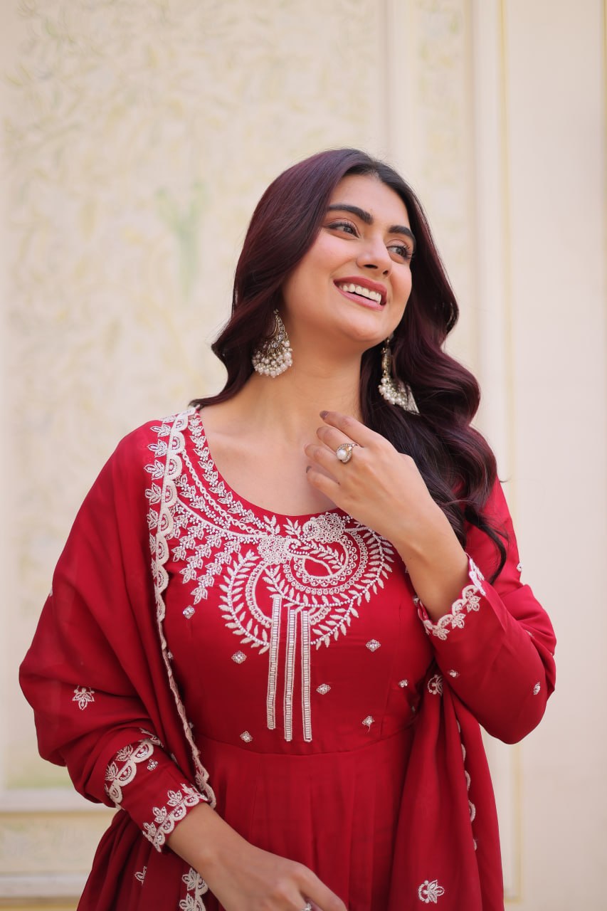 Red Chanderi Anarkali Gown With Dupatta