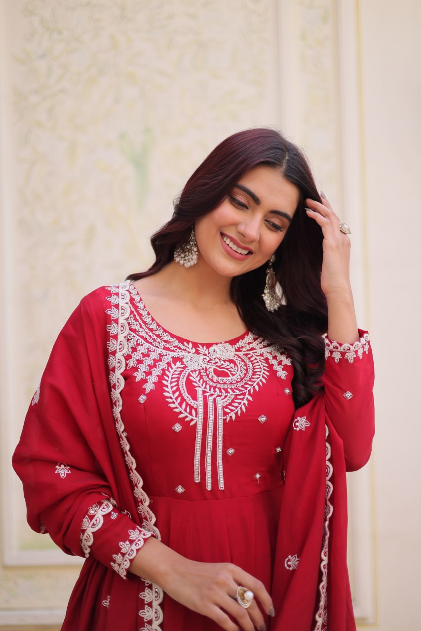 Red Chanderi Anarkali Gown With Dupatta