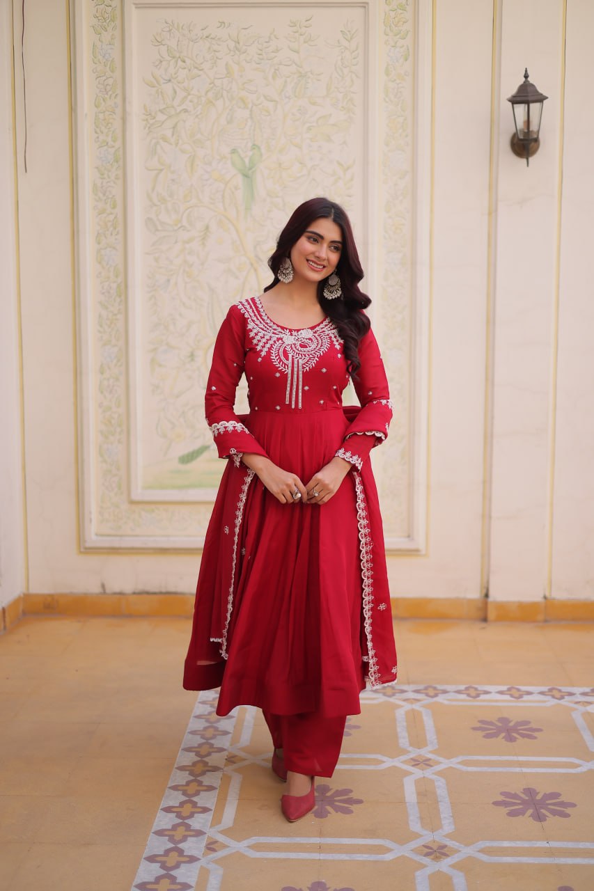 Red Chanderi Anarkali Gown With Dupatta