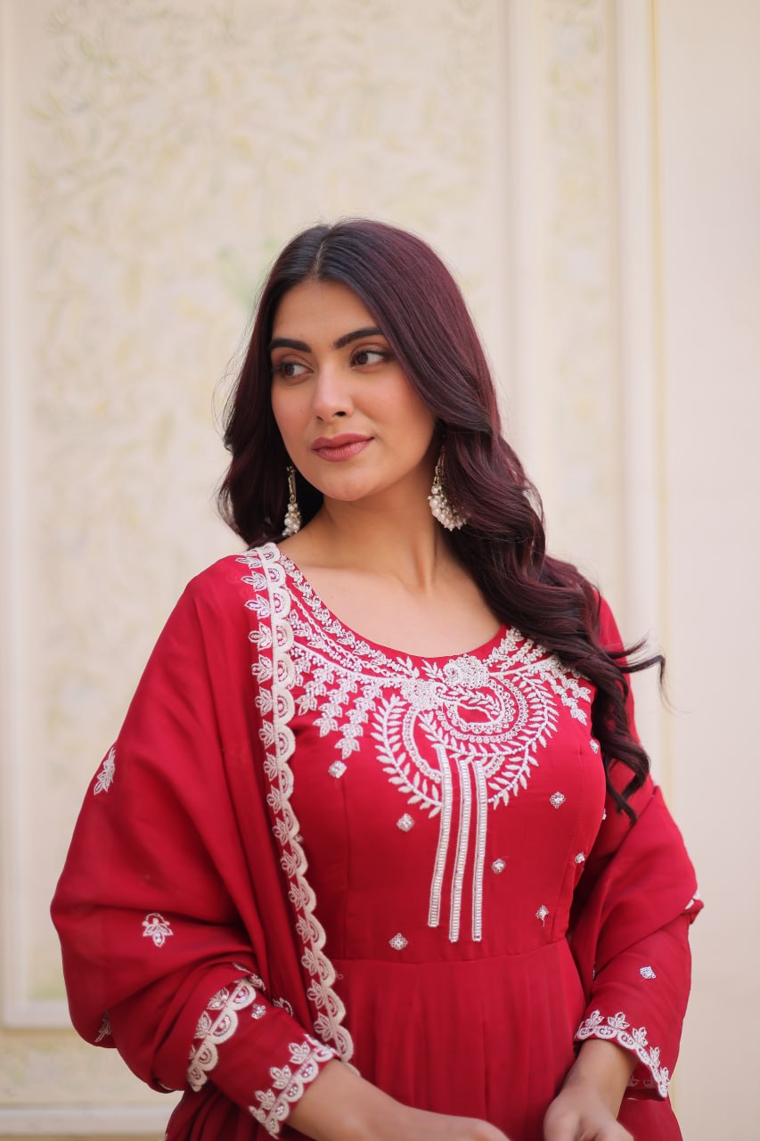 Red Chanderi Anarkali Gown With Dupatta