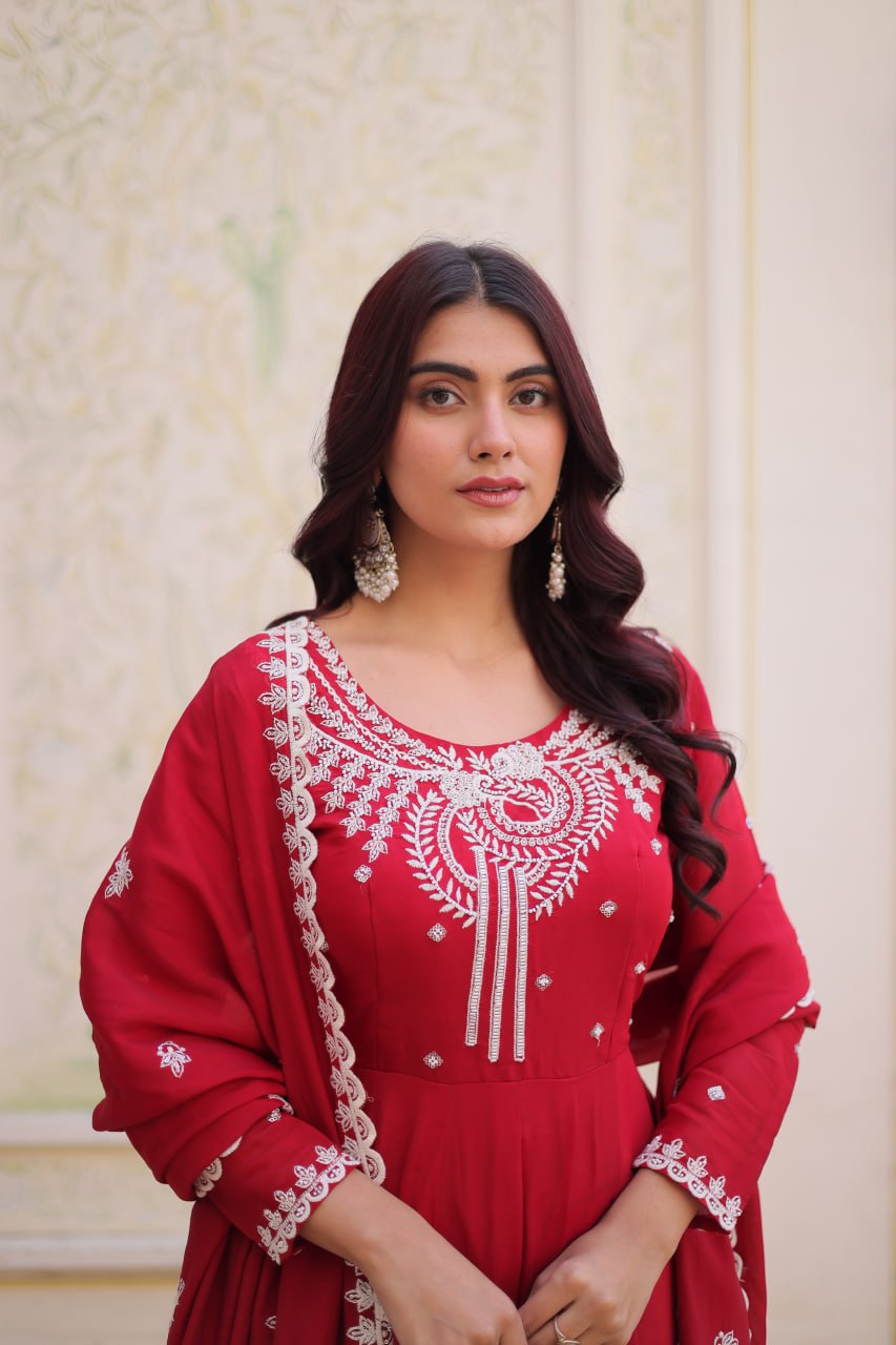 Red Chanderi Anarkali Gown With Dupatta