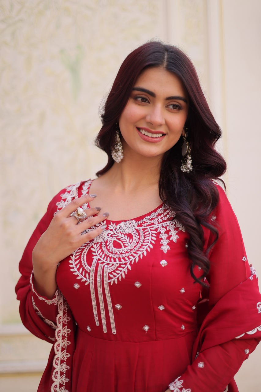 Red Chanderi Anarkali Gown With Dupatta