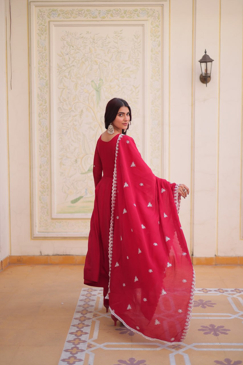Red Chanderi Anarkali Gown With Dupatta