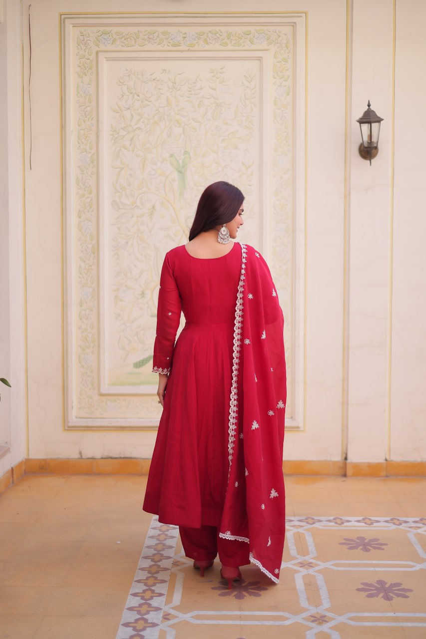 Red Chanderi Anarkali Gown With Dupatta