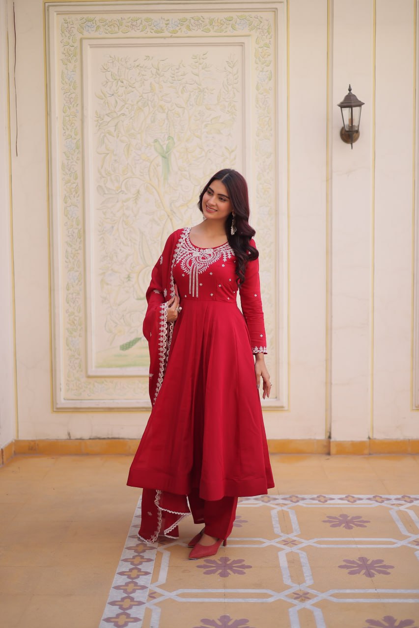Red Chanderi Anarkali Gown With Dupatta