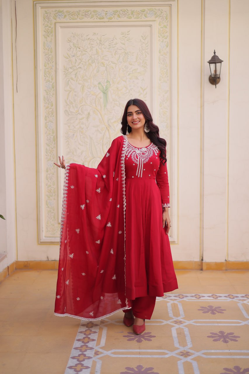 Red Chanderi Anarkali Gown With Dupatta