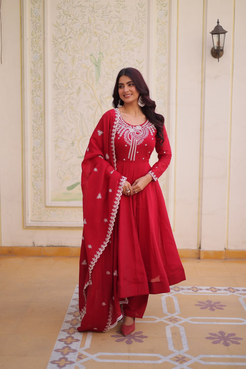 Red Chanderi Anarkali Gown With Dupatta