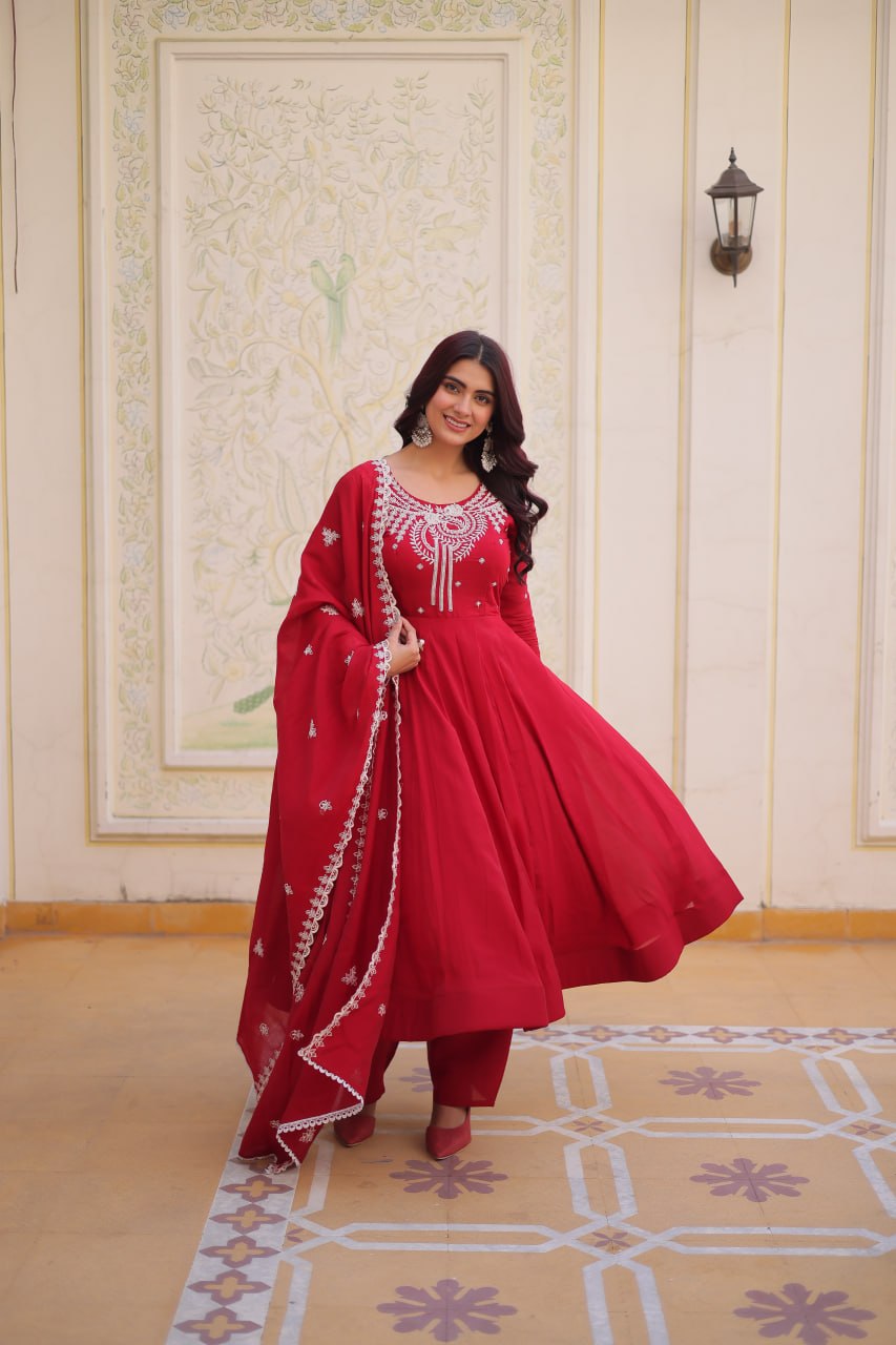 Red Chanderi Anarkali Gown With Dupatta