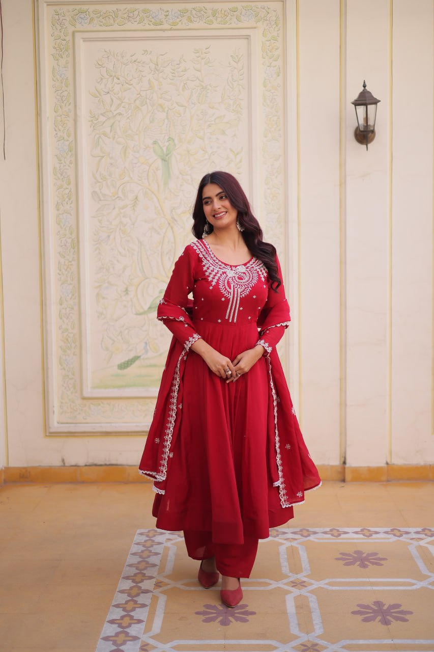 Red Chanderi Anarkali Gown With Dupatta