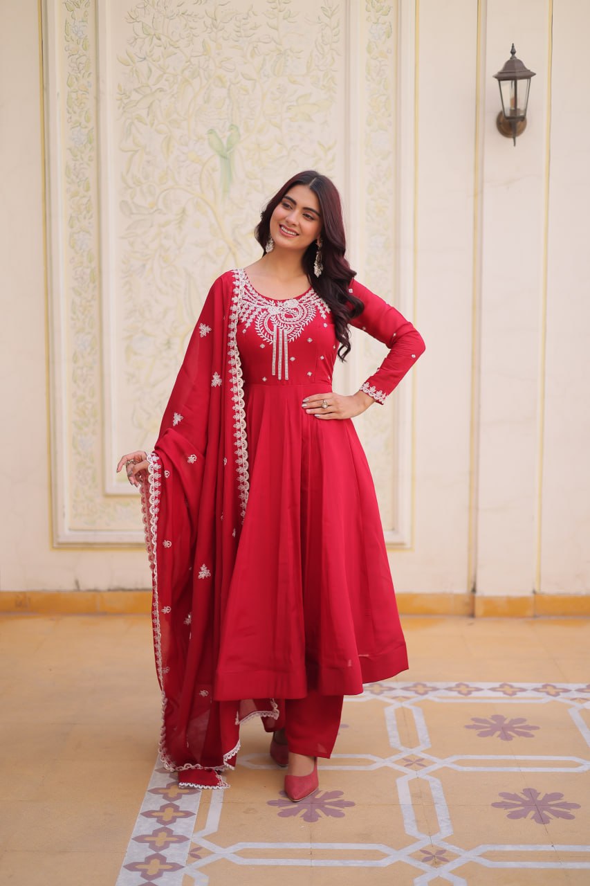 Red Chanderi Anarkali Gown With Dupatta
