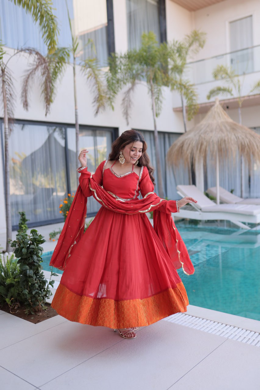 Red Chanderi Mirror Lace Kurti Pant Set