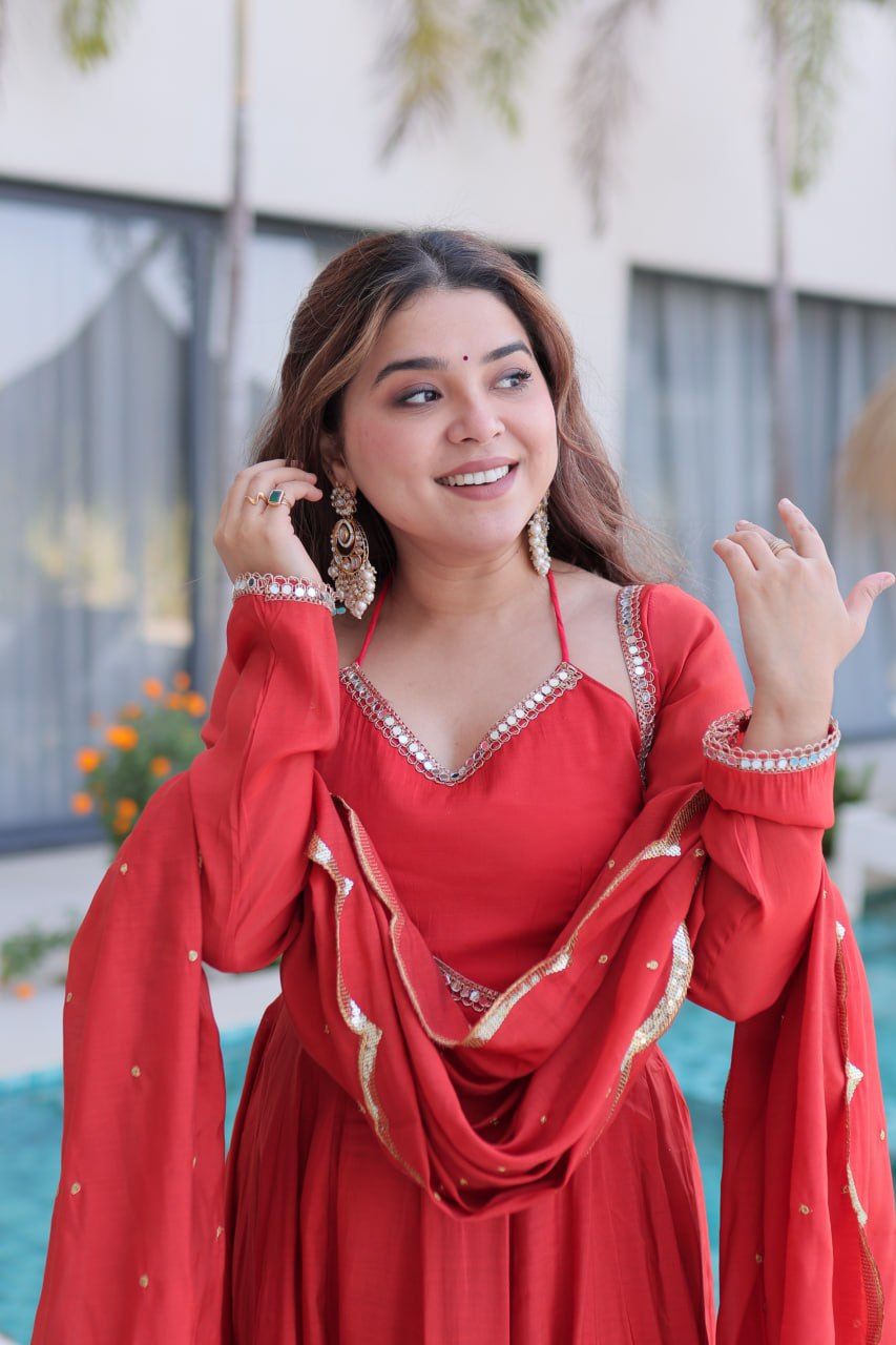 Red Chanderi Mirror Lace Kurti Pant Set
