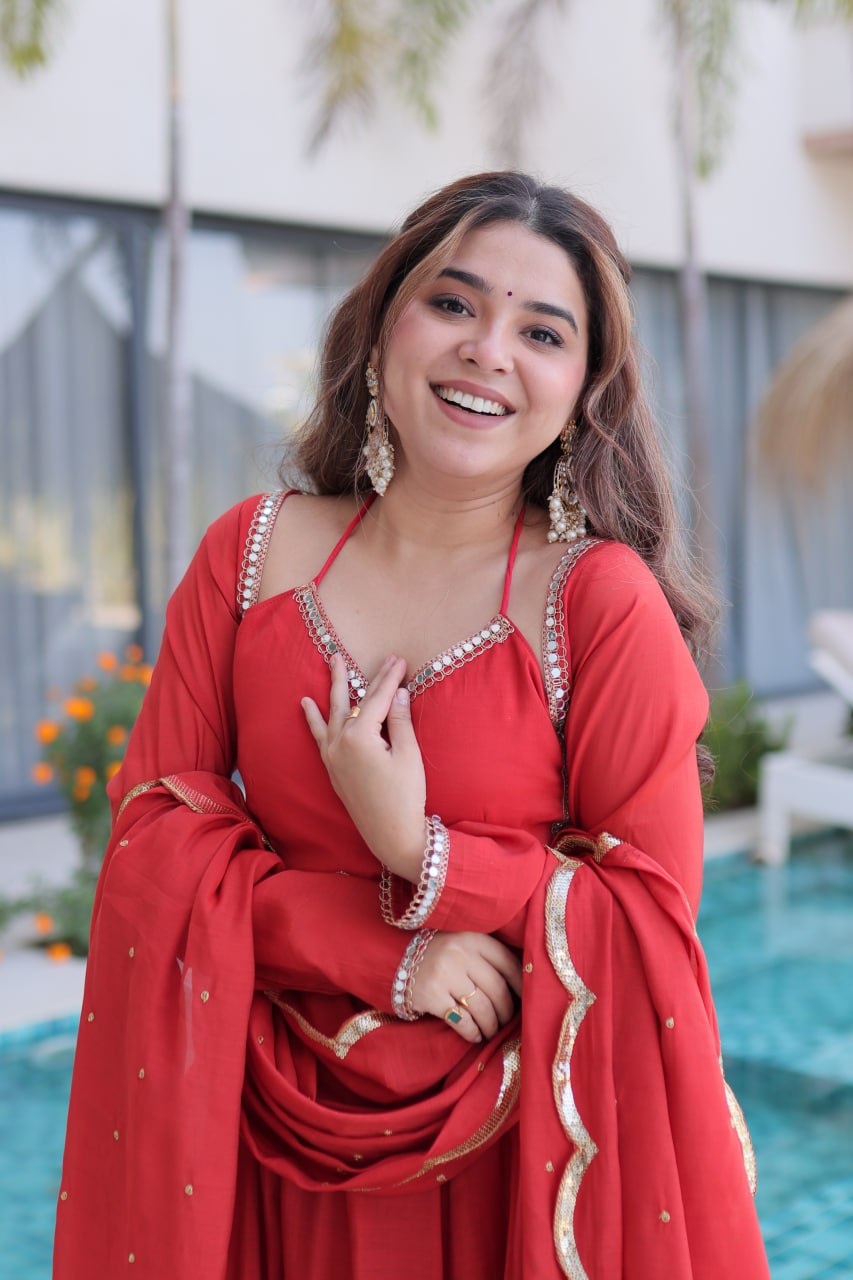 Red Chanderi Mirror Lace Kurti Pant Set