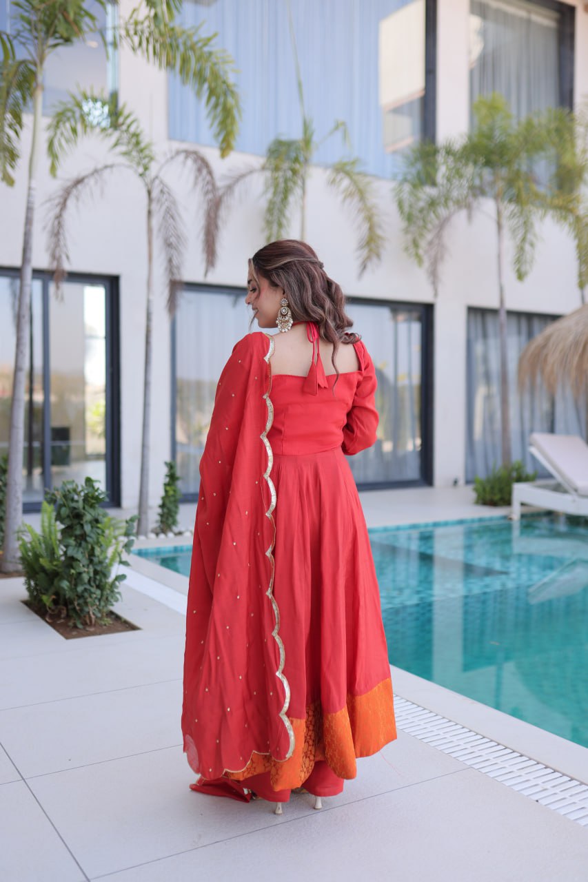 Red Chanderi Mirror Lace Kurti Pant Set