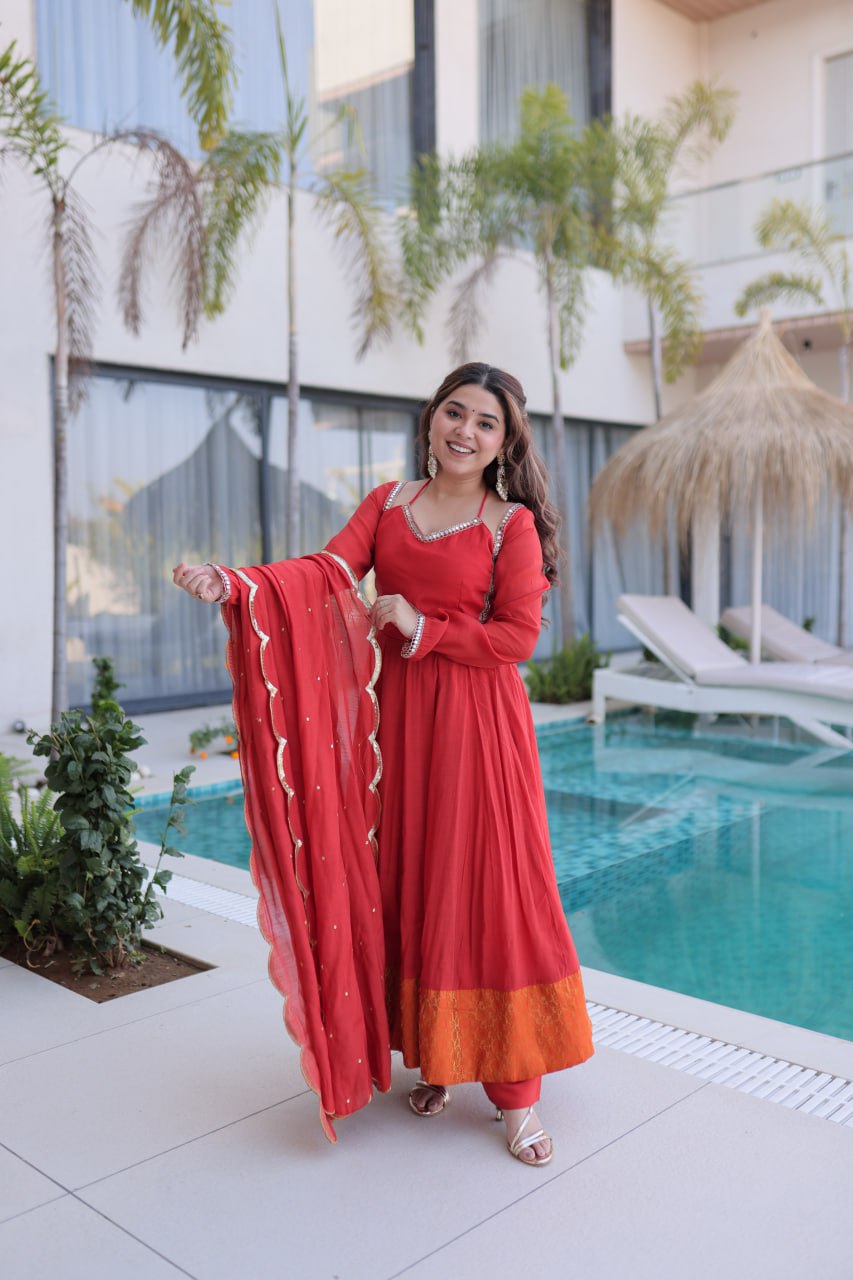 Red Chanderi Mirror Lace Kurti Pant Set