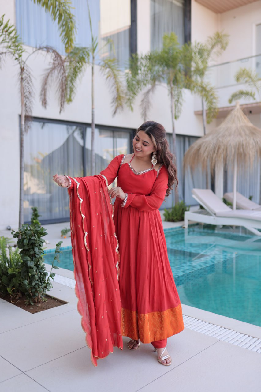 Red Chanderi Mirror Lace Kurti Pant Set
